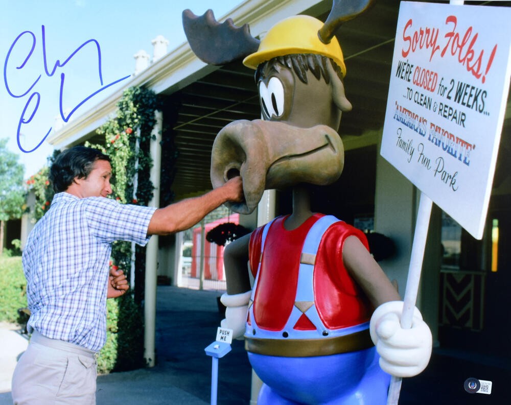 Chevy Chase Signed National Lampoon's Vacation 16x20 Punching Moose Photo