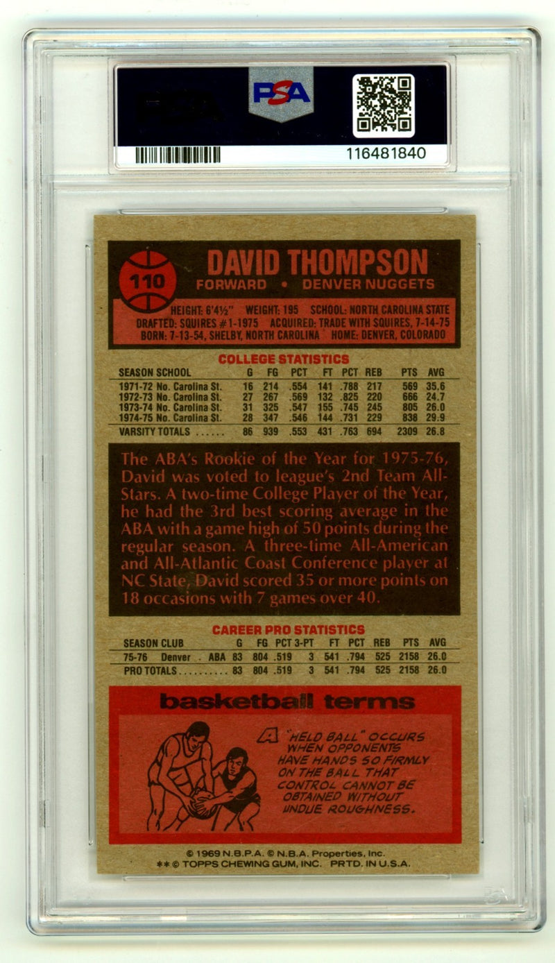 David Thompson Signed 1976-77 Topps #110 Tall Boy Rookie Card PSA 10 Auto