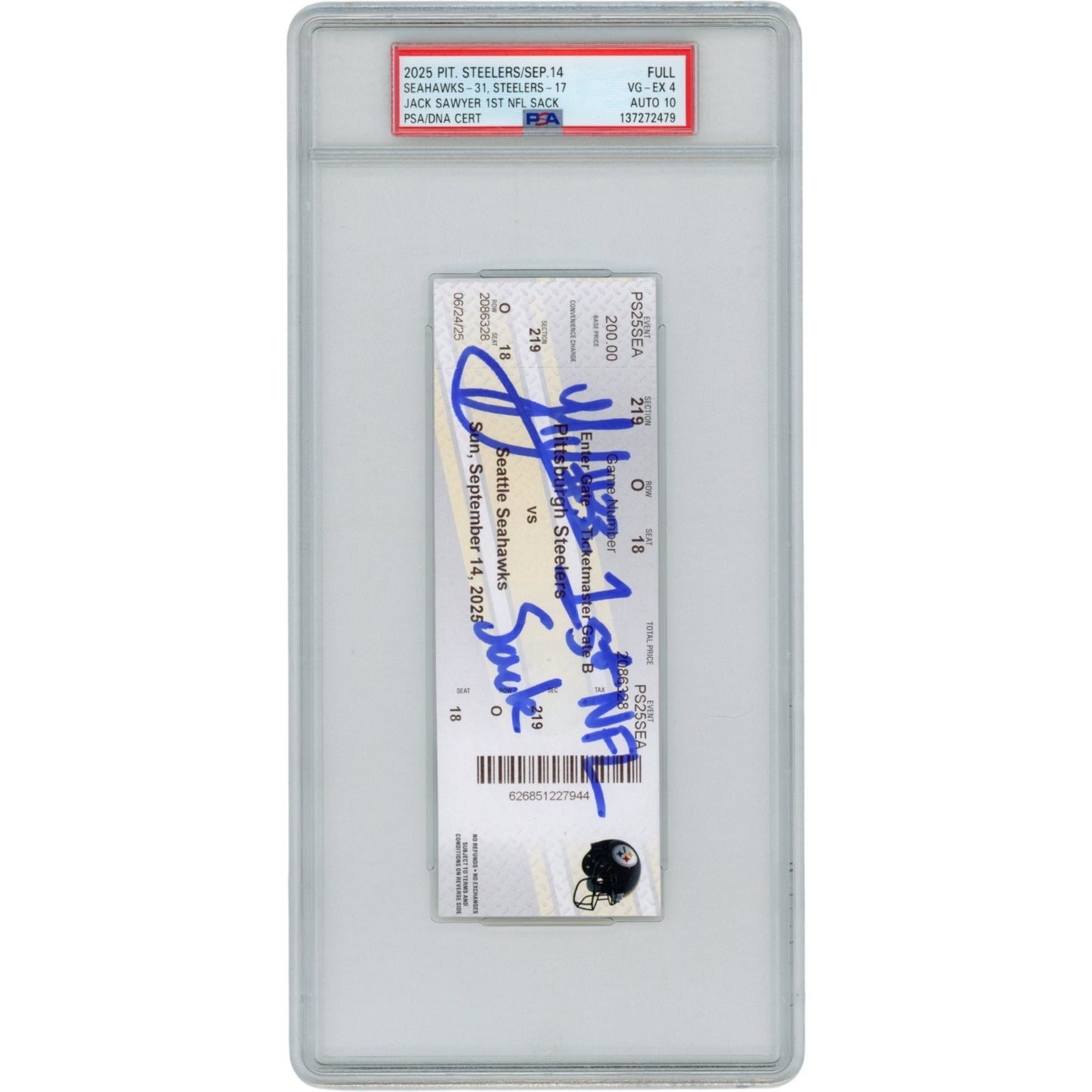 Jack Sawyer Autographed Pittsburgh Steelers 1st NFL Sack Slabbed Ticket