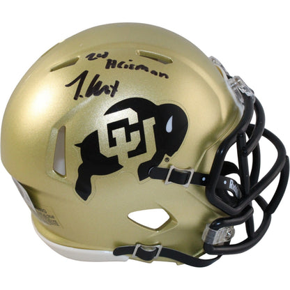 Travis Hunter Signed Colorado Buffaloes Mini Helmet with Heisman Inscription