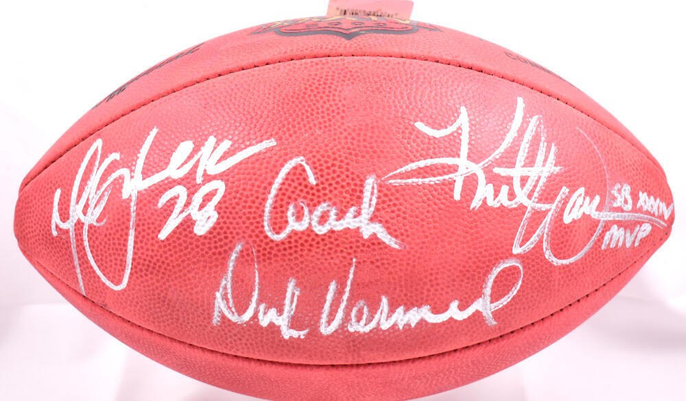 Marshall Faulk, Kurt Warner & Dick Vermeil Signed Wilson Duke Football