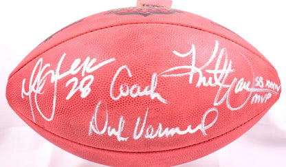 Marshall Faulk, Kurt Warner & Dick Vermeil Signed Wilson Duke Football