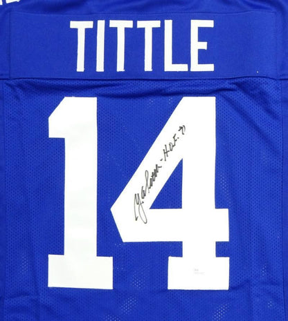 Y.A. Tittle Signed New York Giants Style Custom Blue Jersey HOF Inscribed