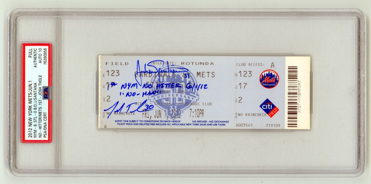 Johan Santana & Josh Thole Signed Mets 1st No-Hitter Ticket PSA 10