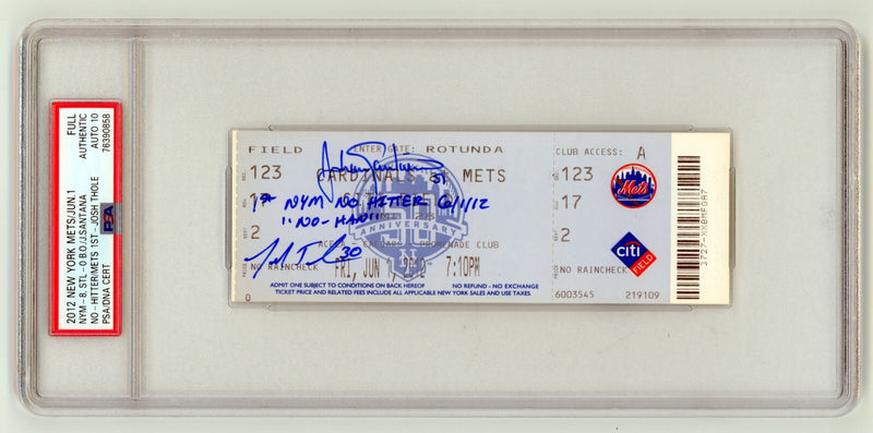 Johan Santana & Josh Thole Signed Mets 1st No-Hitter Ticket PSA 10