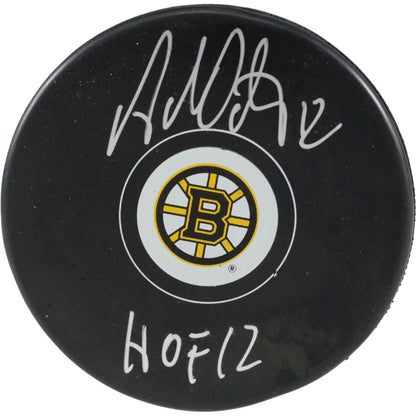 Adam Oates Signed Boston Bruins Logo Puck with HOF Inscription (JSA)