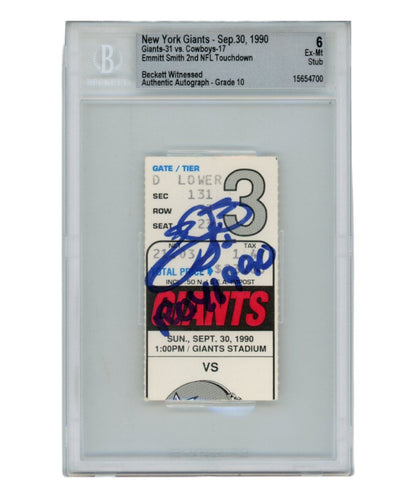 Emmitt Smith Signed 9/30/90 Ticket Stub "ROY" Inscription Beckett Slab