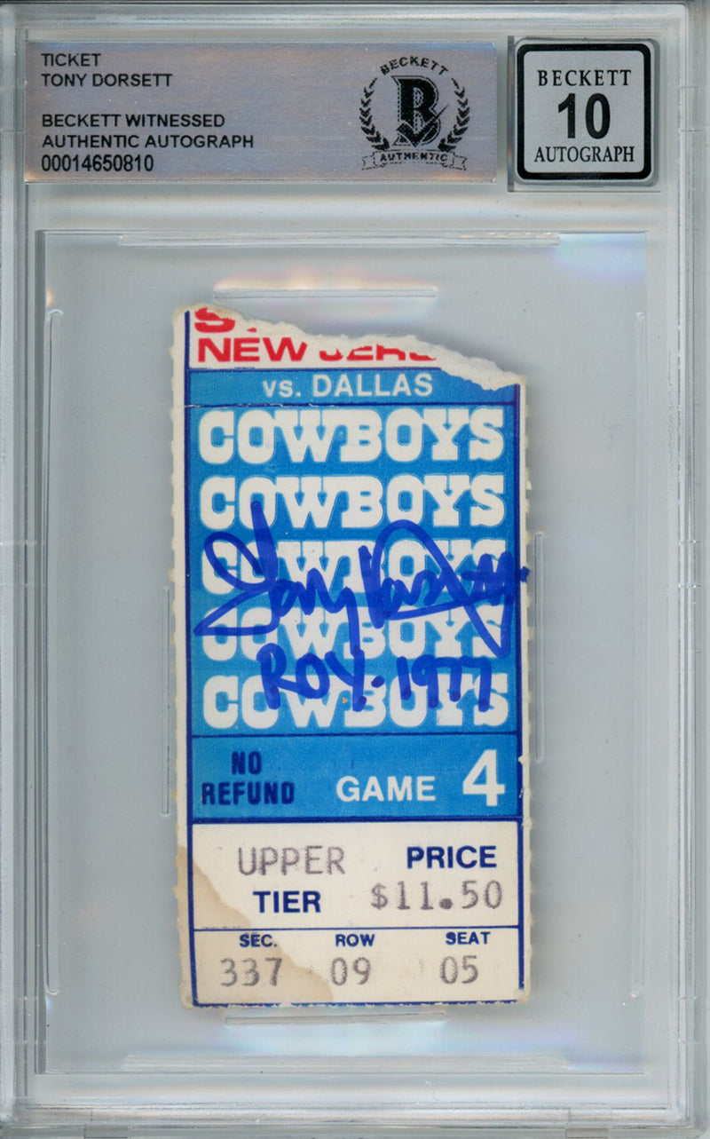 Tony Dorsett Signed Dallas Cowboys 1977 Giants Ticket Stub Beckett Slab