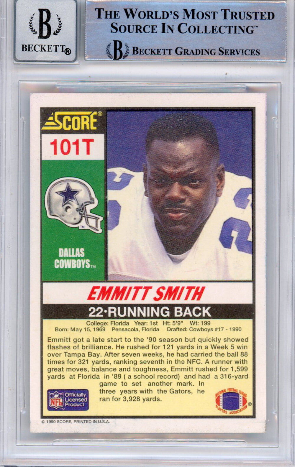 Emmitt Smith Signed 1990 Score Supplemental #101 Card BAS Slabbed Grade 10