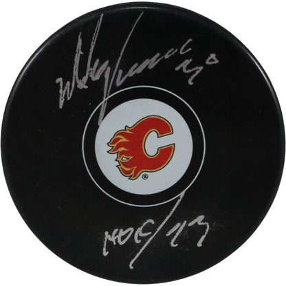 Mike Vernon Autographed Calgary Flames Logo Puck (HOF Inscription)