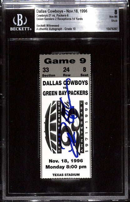 Deion Sanders Signed Dallas Cowboys 11/18/96 Slabbed Ticket Beckett Grade 8
