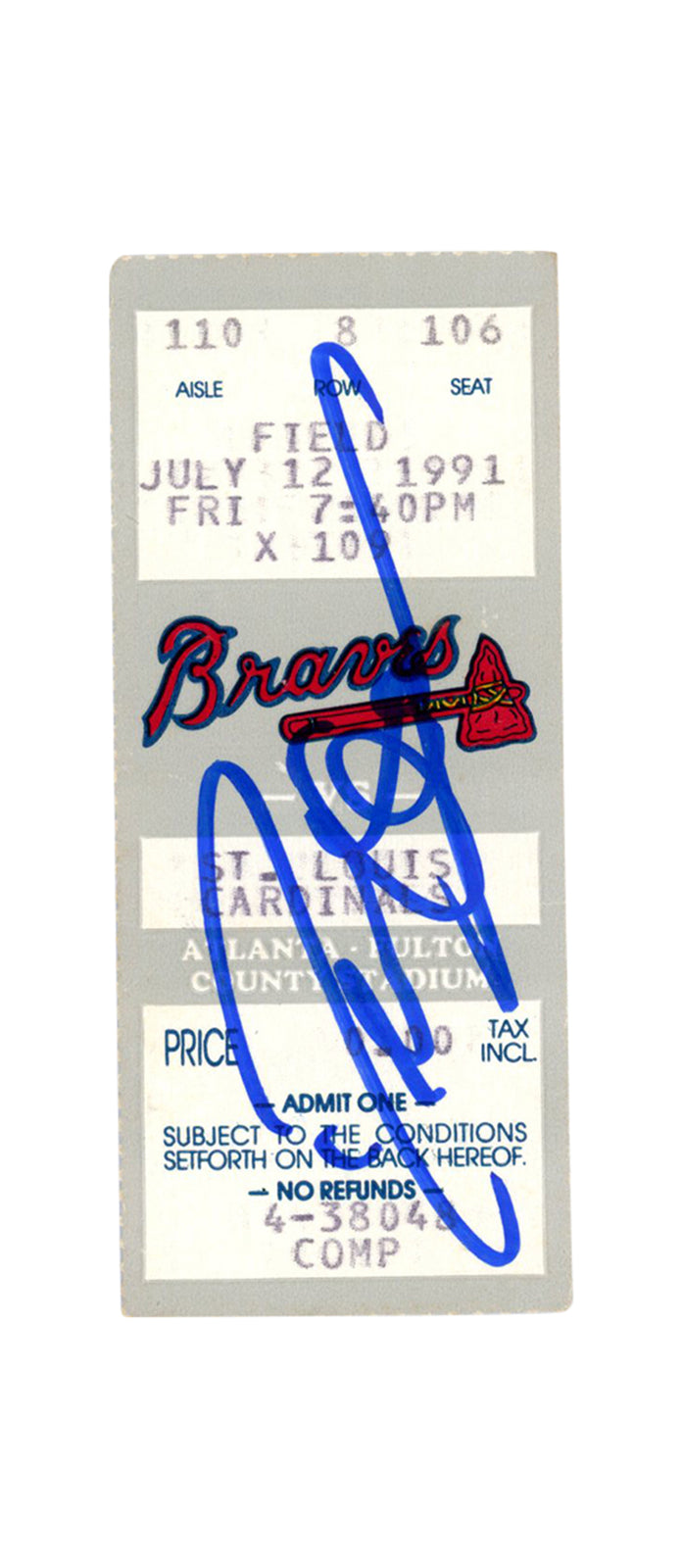Deion Sanders Signed Atlanta Braves 1991 Ticket Stub BAS
