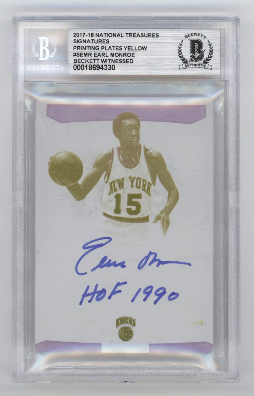 Earl Monroe Signed 2017-18 National Treasures 1/1 Printing Plate (BAS)