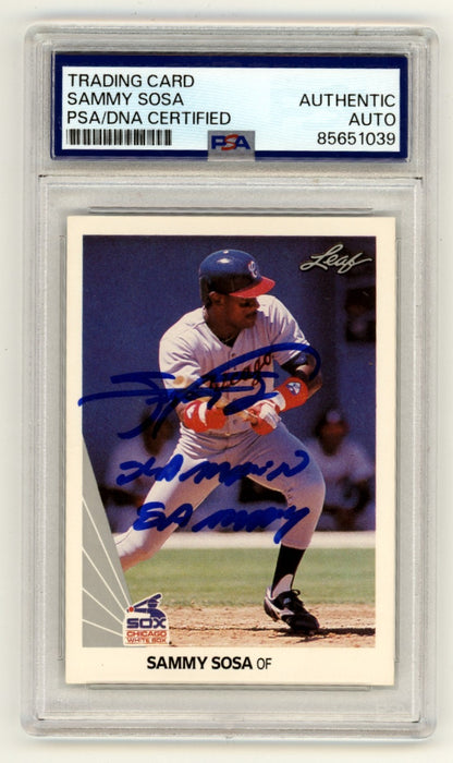 Sammy Sosa Signed 1990 Leaf #220 Rookie Card w/ Inscription PSA