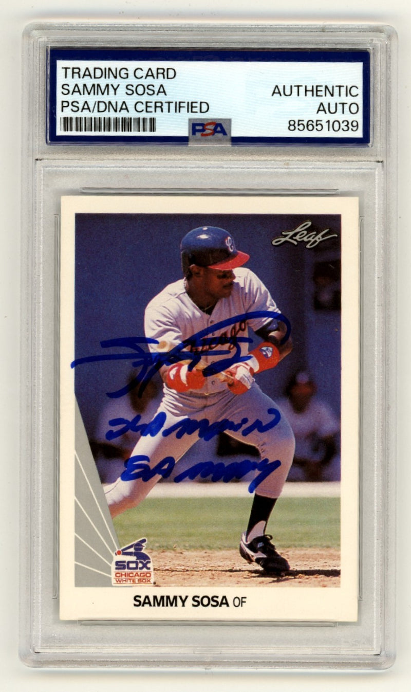 Sammy Sosa Signed 1990 Leaf #220 Rookie Card w/ Inscription PSA