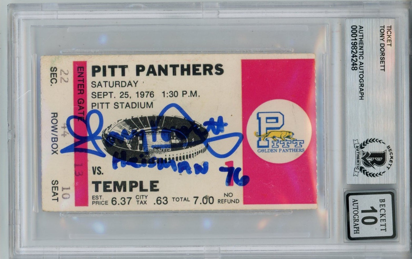 Tony Dorsett Signed Pittsburgh Panthers Ticket with Heisman Inscription