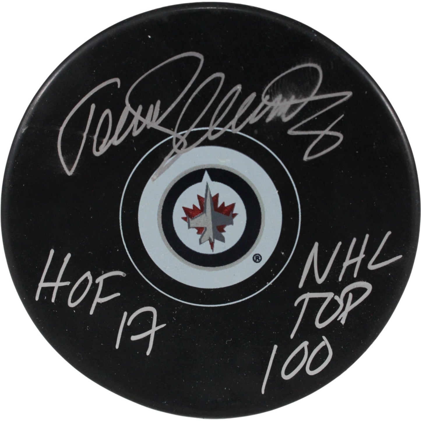 Teemu Selanne Signed Winnipeg Jets Logo Puck (HOF & Top 100 Inscriptions)