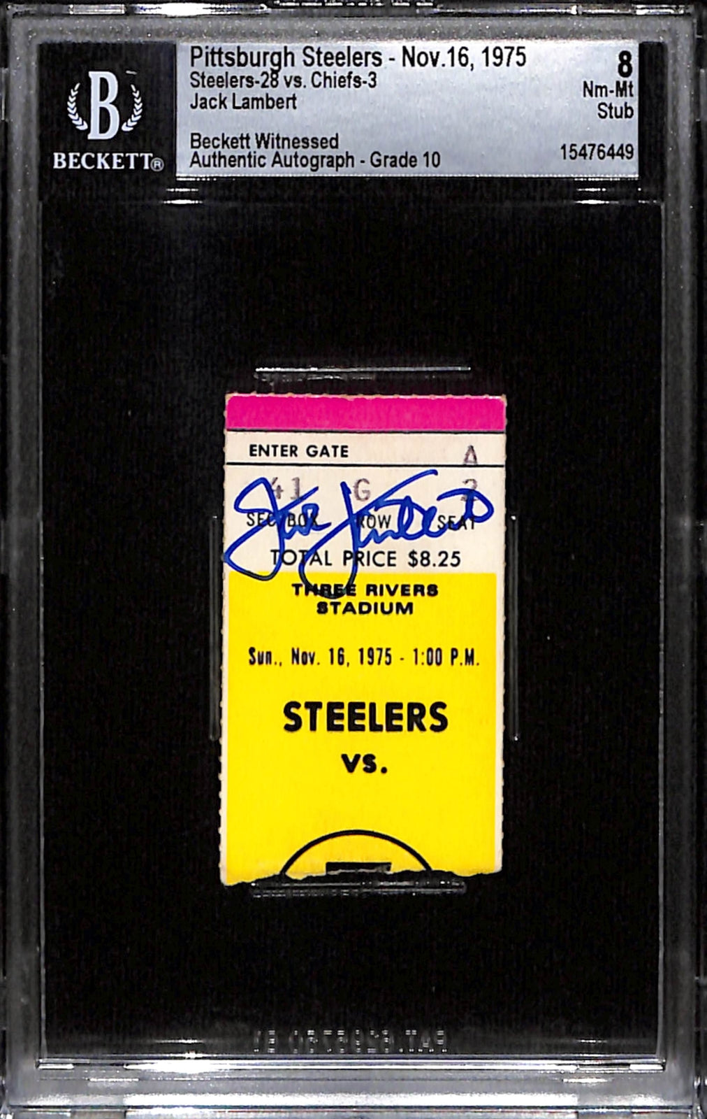 Jack Lambert Signed Pittsburgh Steelers Ticket Stub Slabbed Beckett BAS