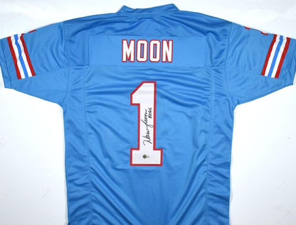 Warren Moon Autographed Blue Custom Jersey (HOF Inscription)