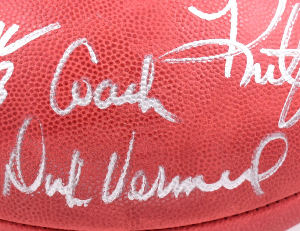 Marshall Faulk, Kurt Warner & Dick Vermeil Signed Wilson Duke Football