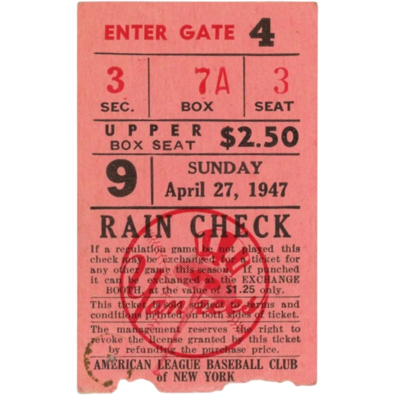 1947 Babe Ruth Day New York Yankees vs Washington Senators Ticket Stub