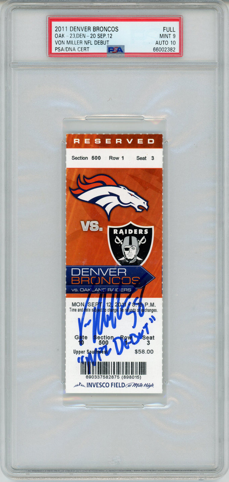 Von Miller Signed NFL Debut Ticket 9/12/2011 PSA Grade 9 Auto 10