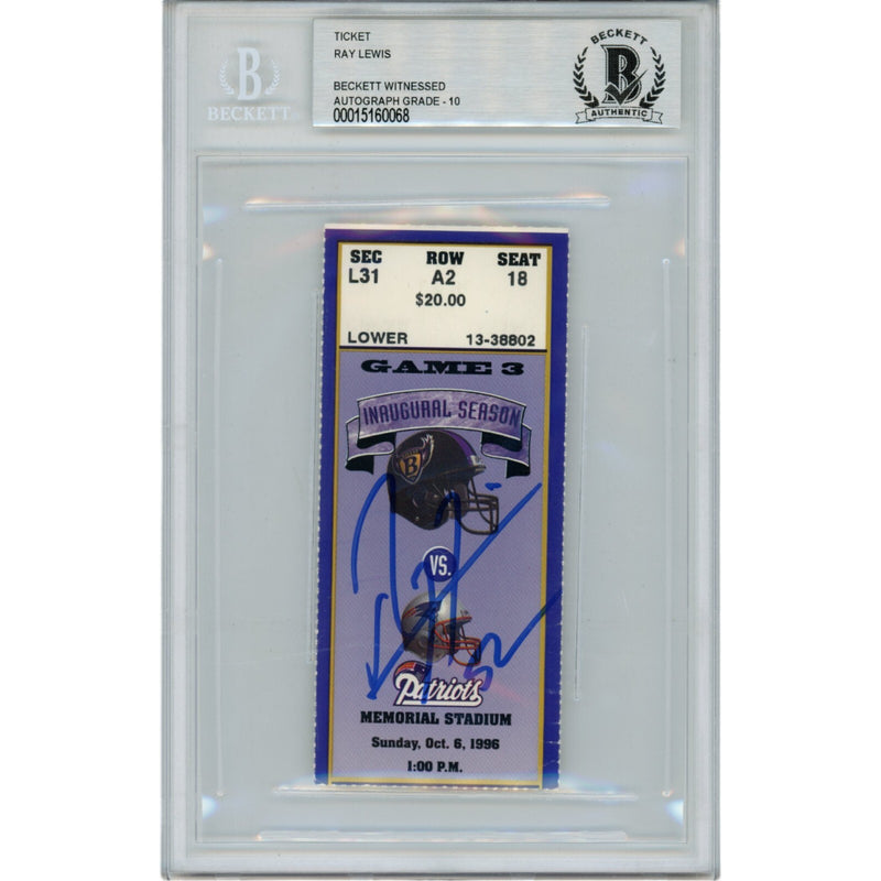 Ray Lewis Autographed Baltimore Ravens Oct 6 1996 Ticket Stub BAS Slab