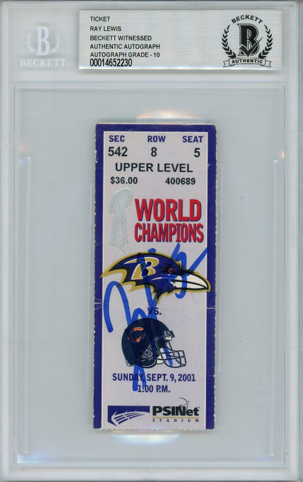 Ray Lewis Autographed Baltimore Ravens vs. Bears Ticket Stub - BAS Slabbed
