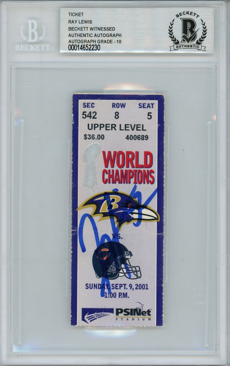 Ray Lewis Autographed Baltimore Ravens vs. Bears Ticket Stub - BAS Slabbed
