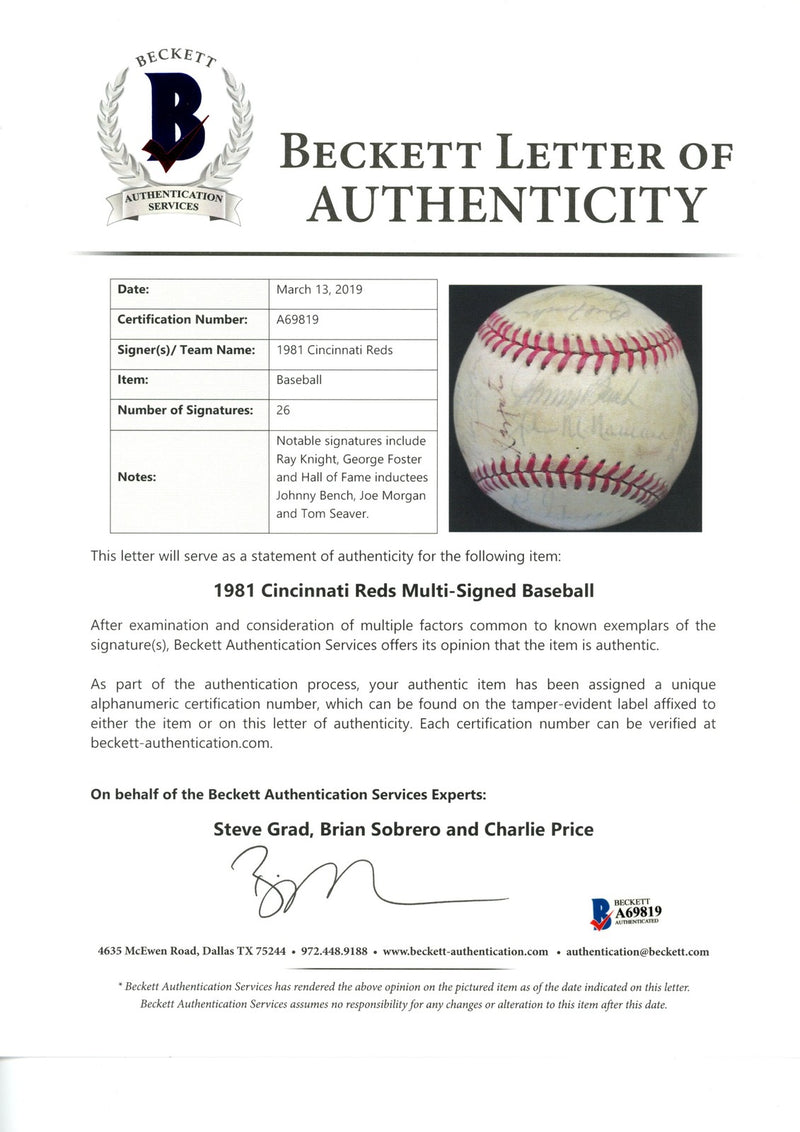 Johnny Bench & Joe Morgan 1981 Cincinnati Reds Team Signed Baseball