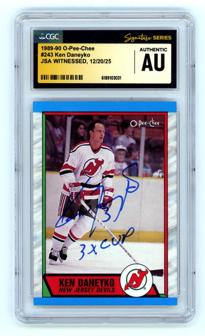 Ken Daneyko Signed 1989-90 O-Pee-Chee Card #243 w/ '3 Cup' Inscription