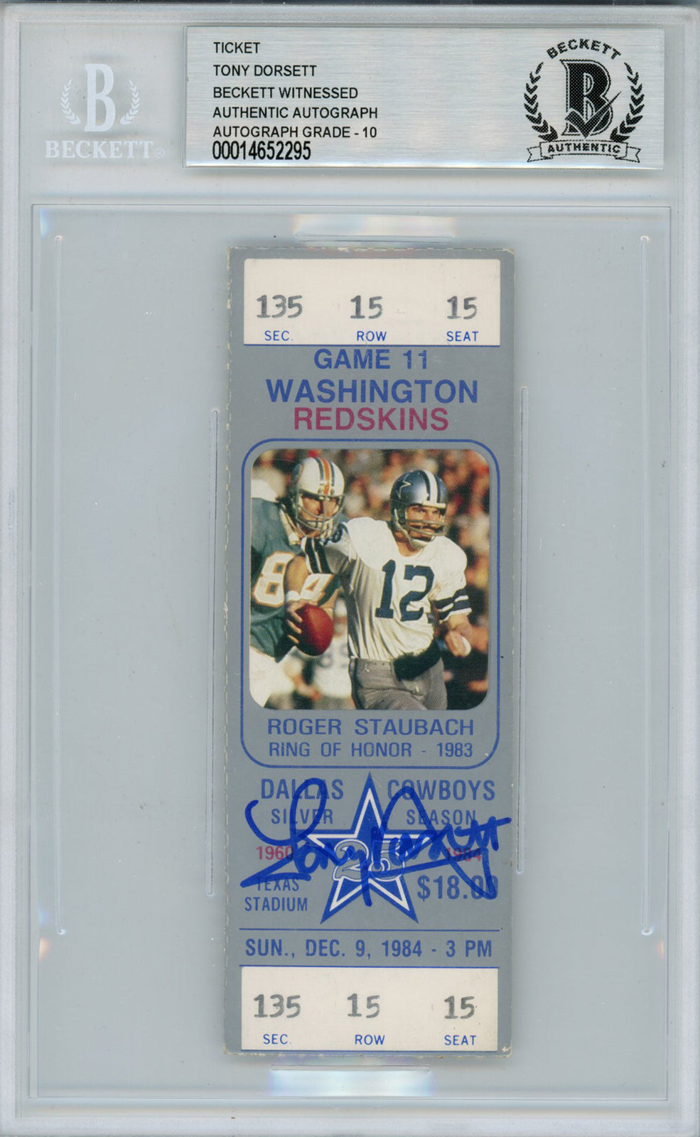 Tony Dorsett Autographed 1984 vs Redskins Game Ticket