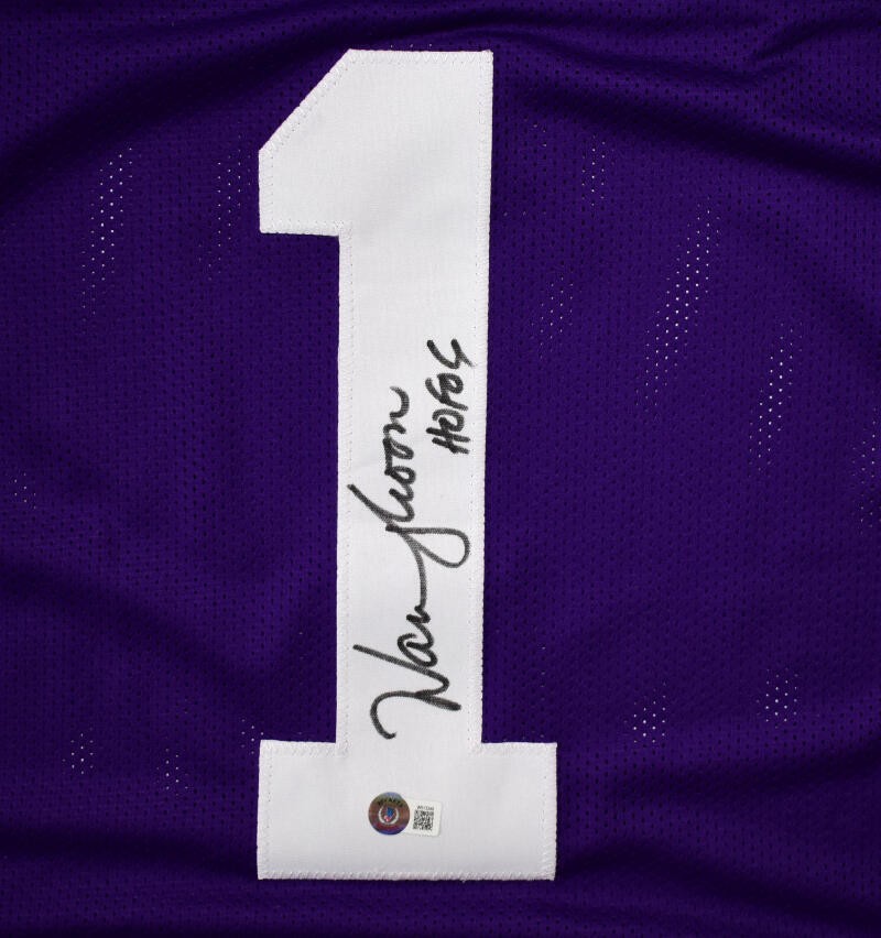 Warren Moon Autographed Purple College Style Custom Jersey (HOF Inscription)
