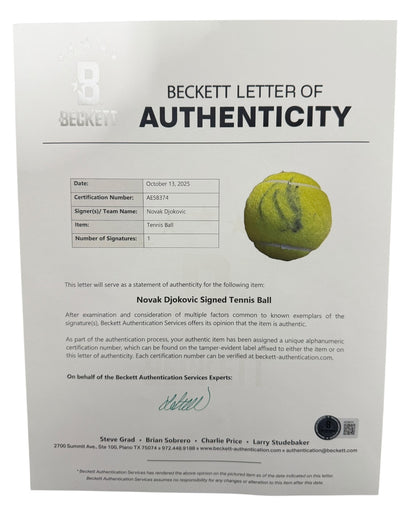 Novak Djokovic Autographed Wilson US Open Tennis Ball (Beckett COA)
