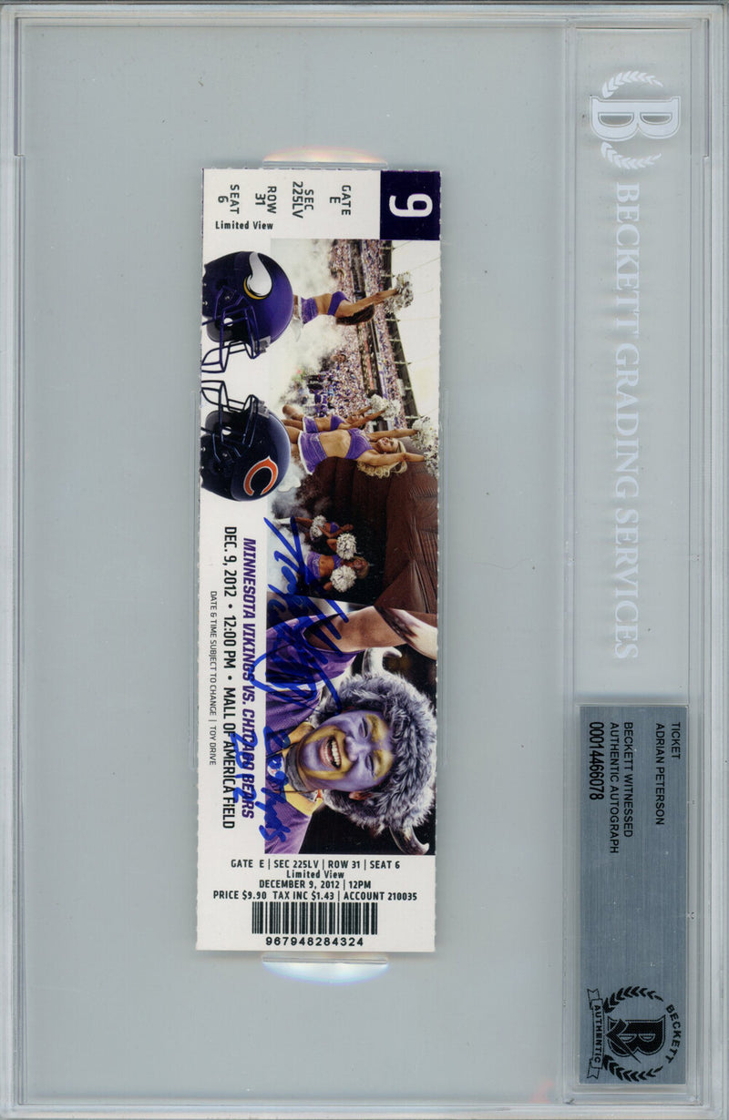 Adrian Peterson Signed Minnesota Vikings Ticket Stub 2097 Yds Beckett Slab