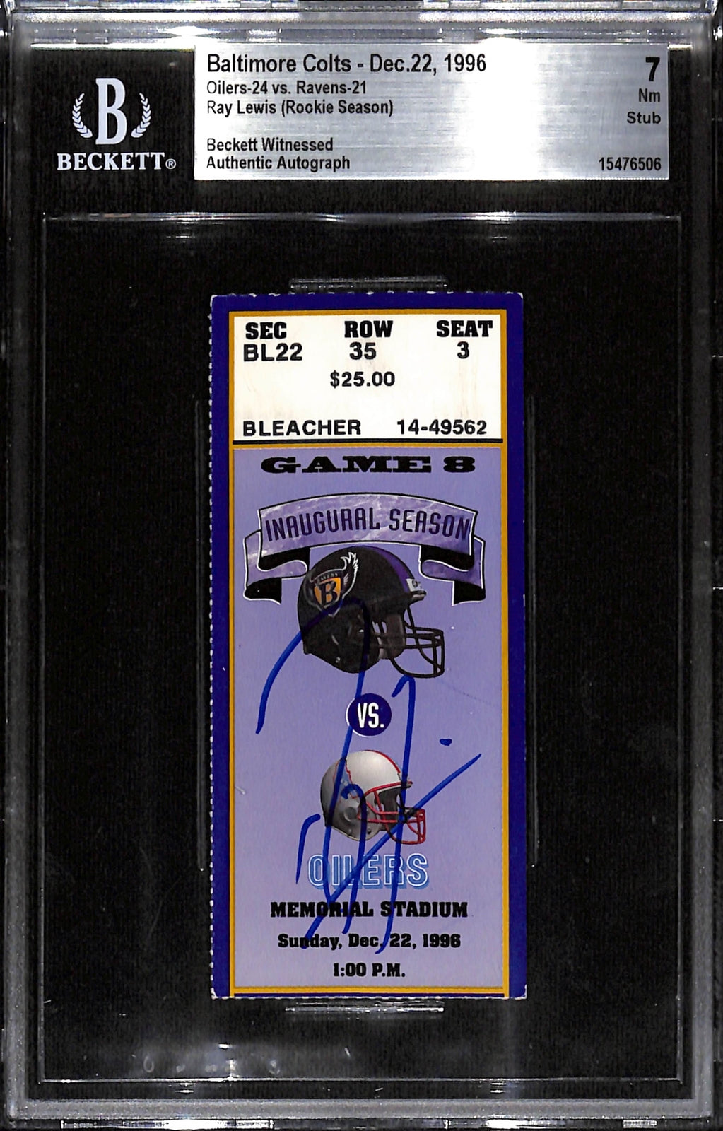 Ray Lewis Signed Baltimore Ravens 12/22/96 Ticket Stub Grade 7 Beckett