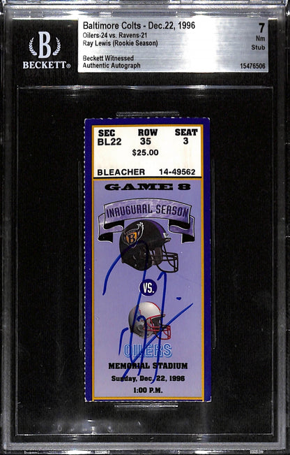 Ray Lewis Signed Baltimore Ravens 12/22/96 Ticket Stub Grade 7 Beckett