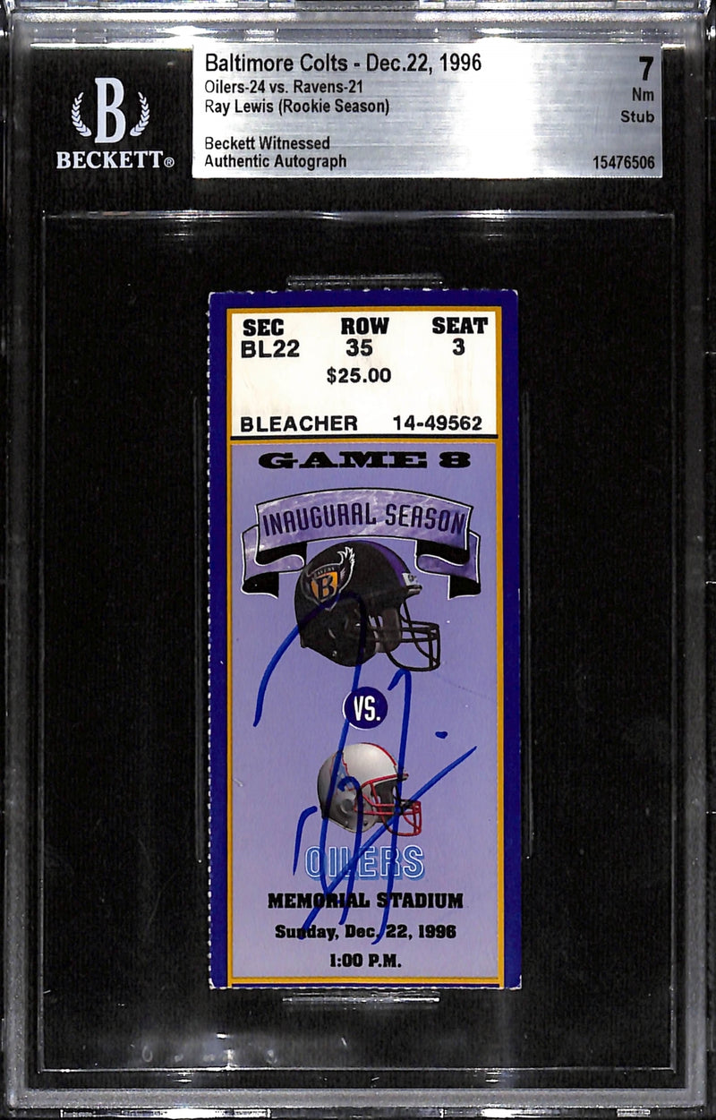 Ray Lewis Signed Baltimore Ravens 12/22/96 Ticket Stub Grade 7 Beckett