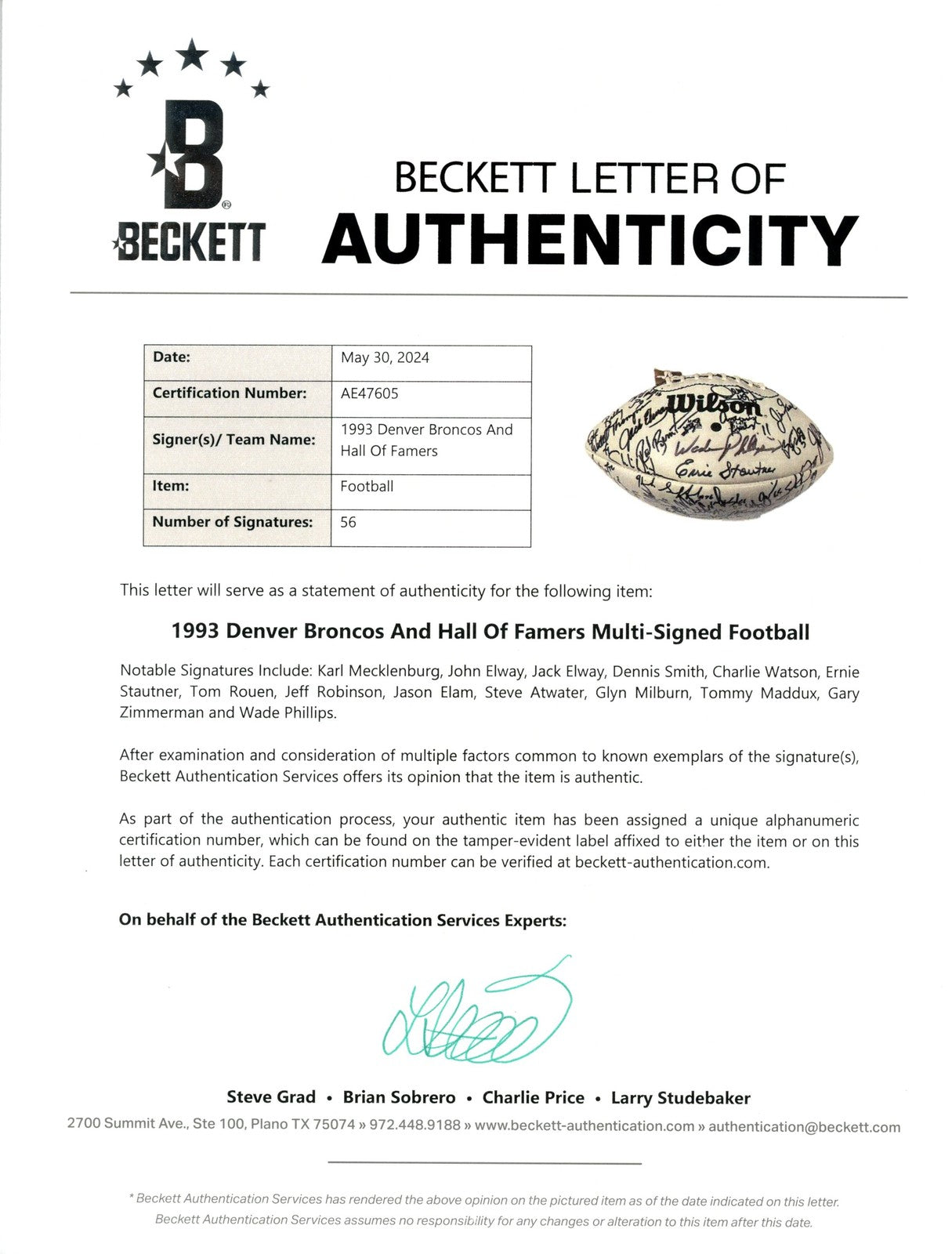 John Elway & 1993 Denver Broncos Team Signed Football (56 Sigs) - Beckett
