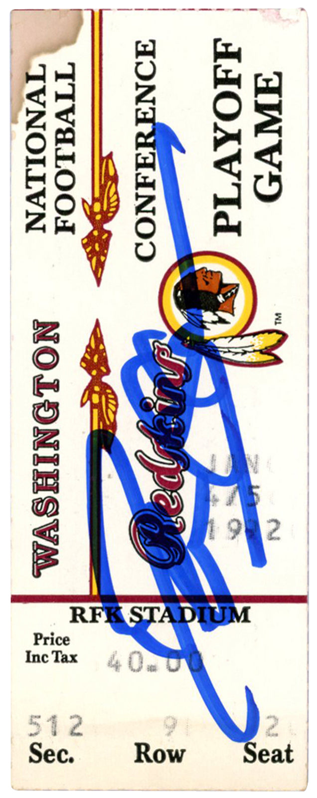 Deion Sanders Signed Atlanta Falcons vs. Redskins 1/4/1992 Ticket Stub