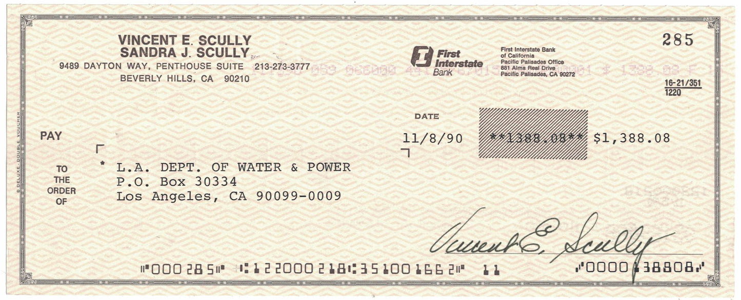 Vin Scully Autographed 1990 First Interstate Bank Check