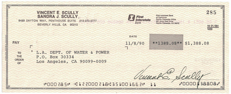 Vin Scully Autographed 1990 First Interstate Bank Check