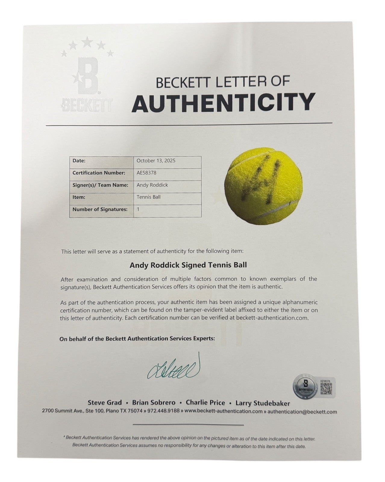 Andy Roddick Signed Wilson US Open Tennis Ball (Beckett COA)