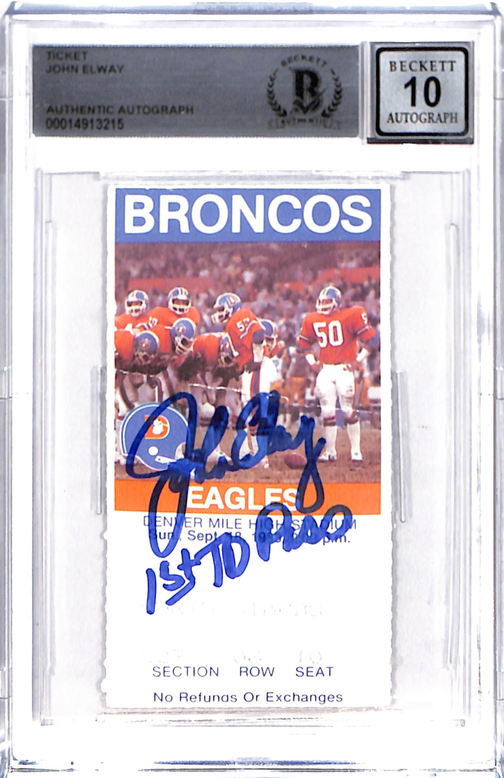 John Elway Autographed Denver Broncos Ticket Stub "1st TD Pass" BAS