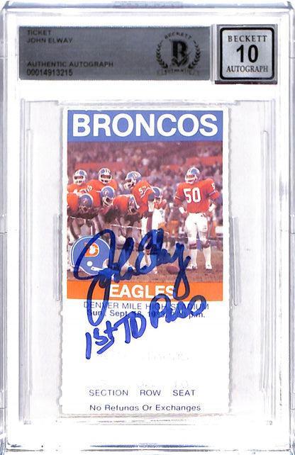 John Elway Autographed Denver Broncos Ticket Stub "1st TD Pass" BAS