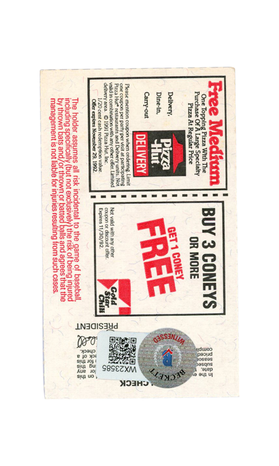 Deion Sanders Signed Atlanta Braves Ticket Stub 6/28/1992 BAS