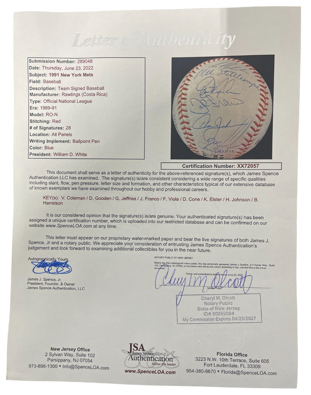 1991 New York Mets Team Signed Official National League Baseball JSA LOA