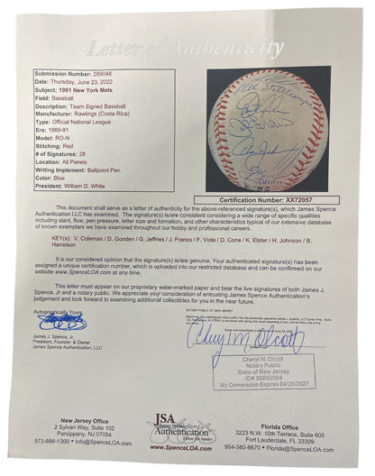 1991 New York Mets Team Signed Official National League Baseball JSA LOA