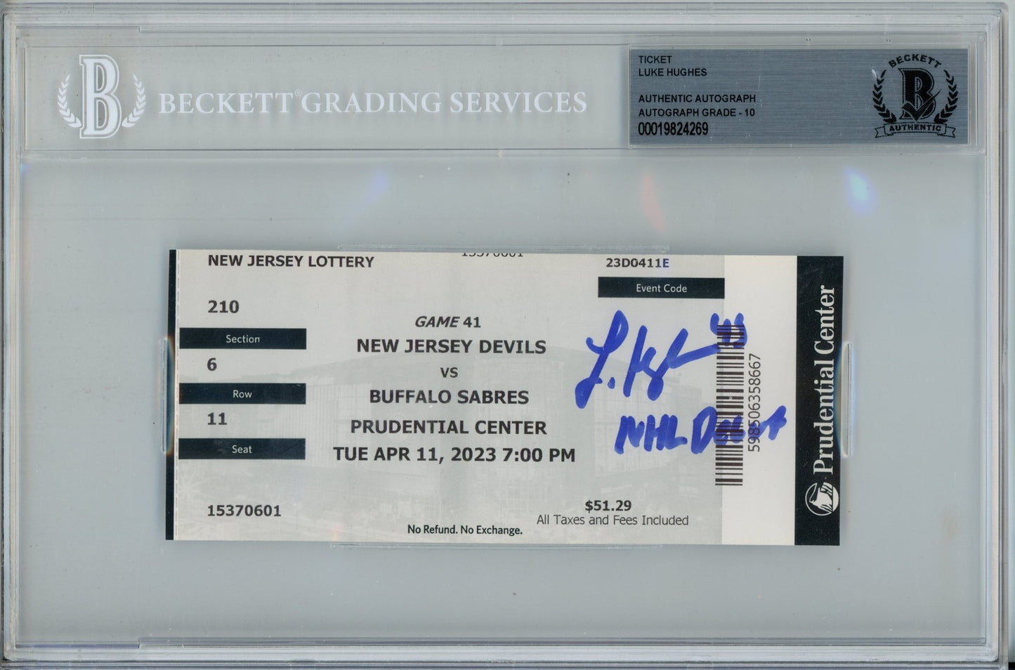 Luke Hughes Signed New Jersey Devils NHL Debut Ticket (4/11/23)