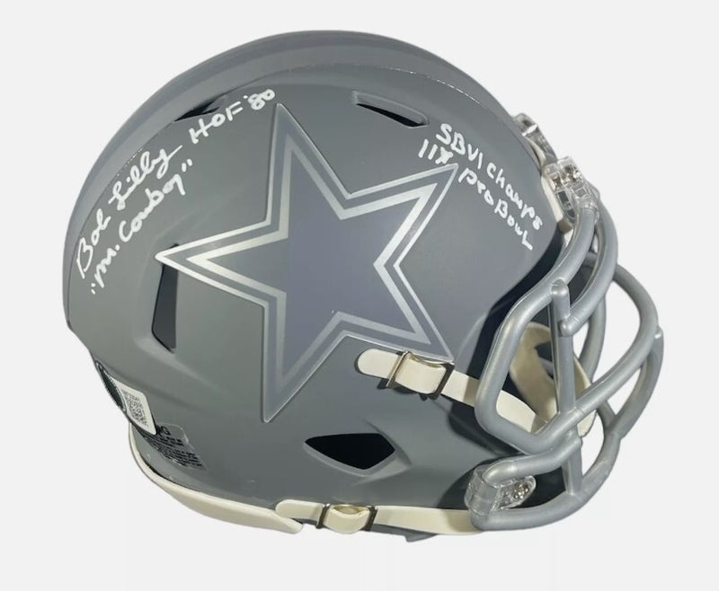 Bob Lilly Signed Dallas Cowboys Slate Mini Helmet (4 Inscriptions)